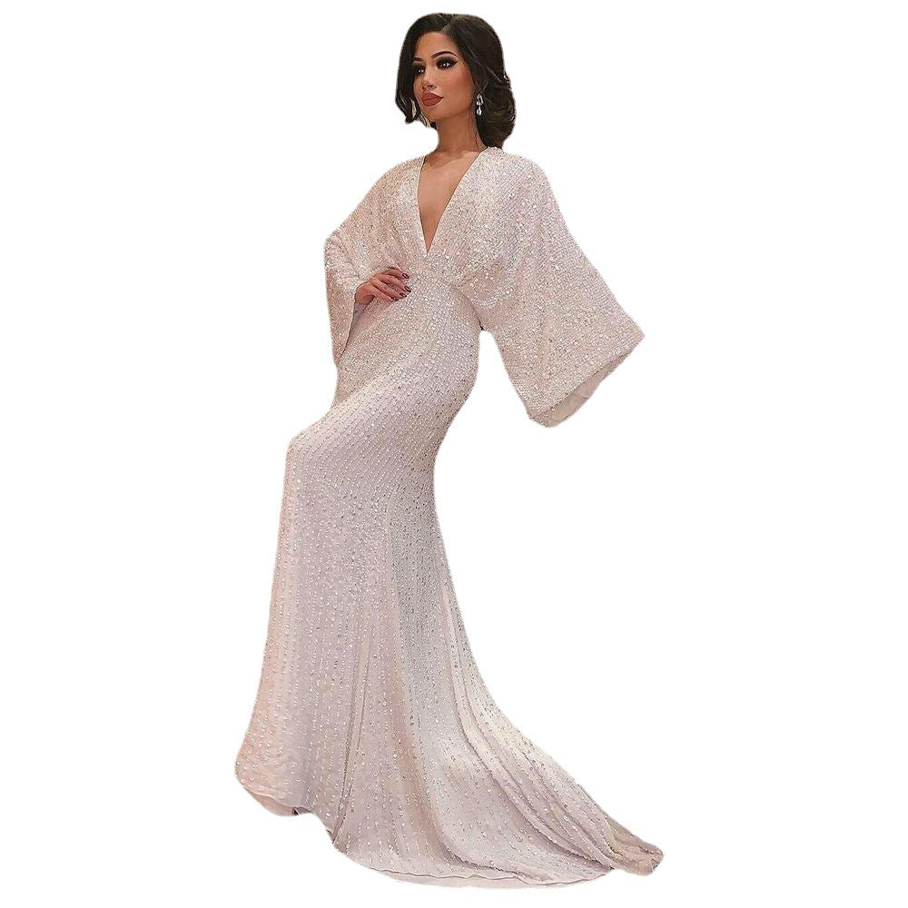 Evening Dress Party Sequined White Prom Dress Long Sleeve European and American V-neck Mop Long Sleeve Sequin Formal Dress Fishtail Banquet Elegant Dress H892