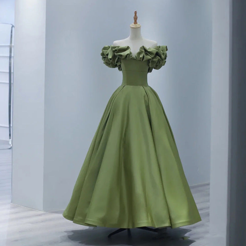 French Evening Dress New Green Princess on the Run Elegant off-the-Shoulder Gown L0320