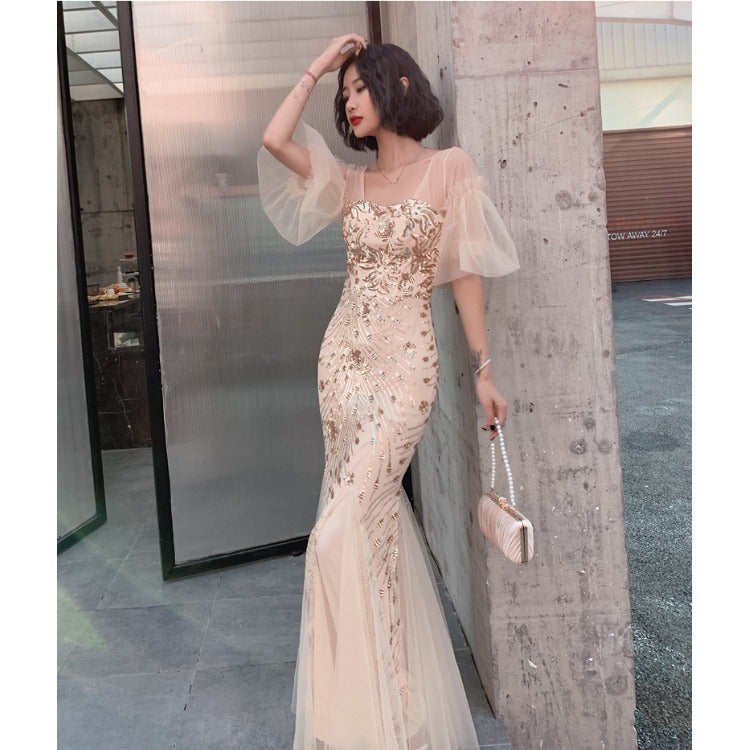 Fishtail Evening Dress Female Temperament Queen Banquet Noble Temperament Long Socialite Fairy Dream Mori Style Host LAS431