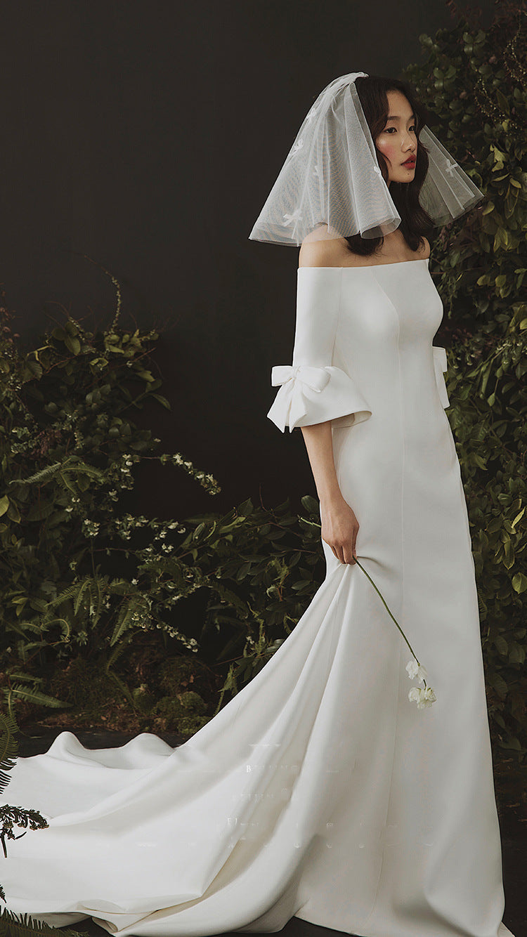 off-Shoulder Wedding Dress 2022 New Simple and Elegant Temperament Small Trailing French Satin Fishtail Mori Style Travel Shooting Wedding Dress