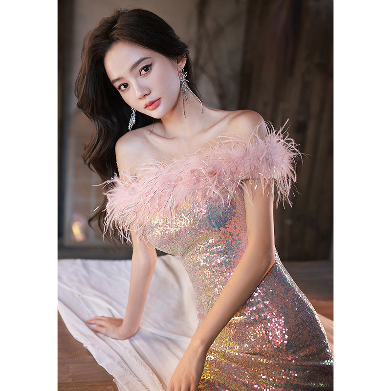 party dress evening dress Sequined Evening Dress 2022 New off-Shoulder Tube Top Two-Way Wear Annual Meeting Host Fishtail Vocal Music Art Test Performance Costume