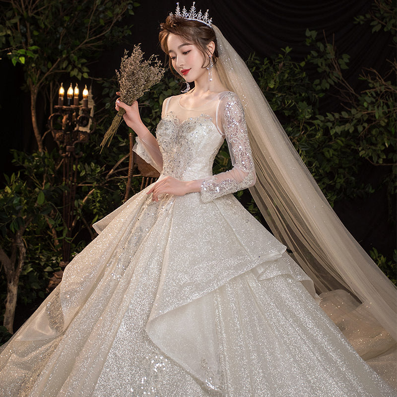 Light Champagne Layered Design Wedding Dress Shiny Starry Sky Wedding Dress 2022 New Bridal Bra Trailing Temperament Long Sleeve Thick Arm Covering Small Simple Elegant Floor-Length Wedding Dress LAS383