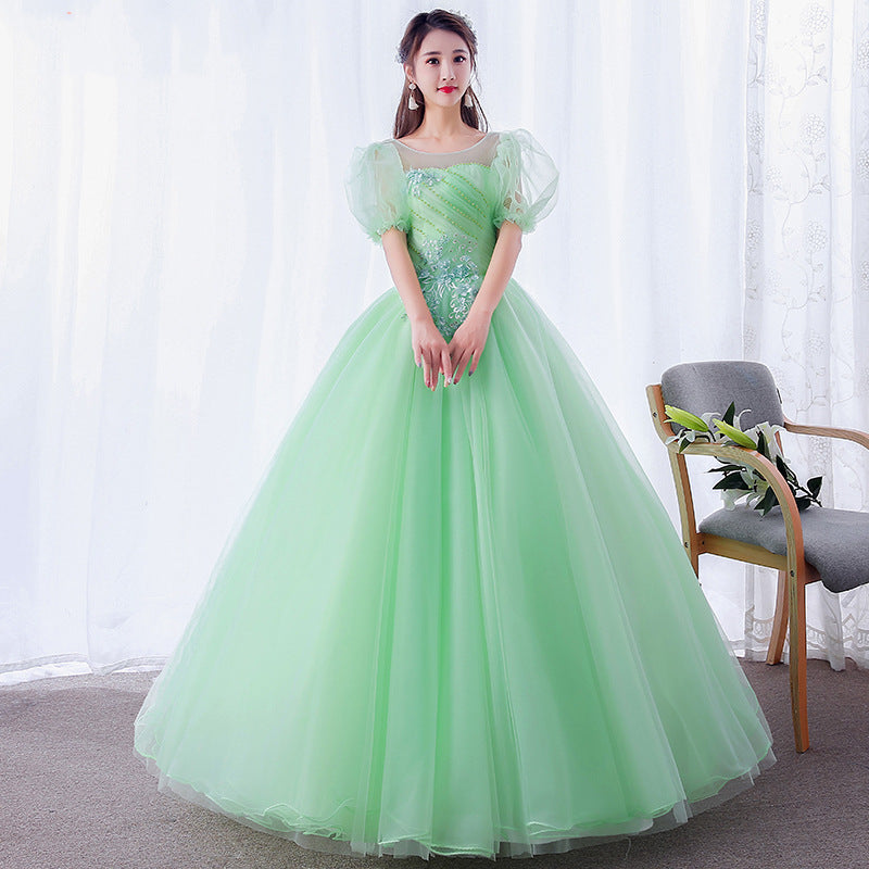 Light Green Wedding Dress Mint Green Maxi Dress Colored Mesh 2023 New Student Puff Sleeve Vocal Music Art Test Gown Women's Pettiskirt Long H099