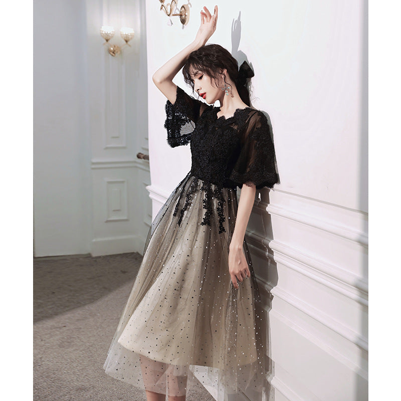 Gown Party dress gala Evening Dresses Temperament Banquet Belly-Covering Black Slimming Daily Style Host Lace shining sequin H892