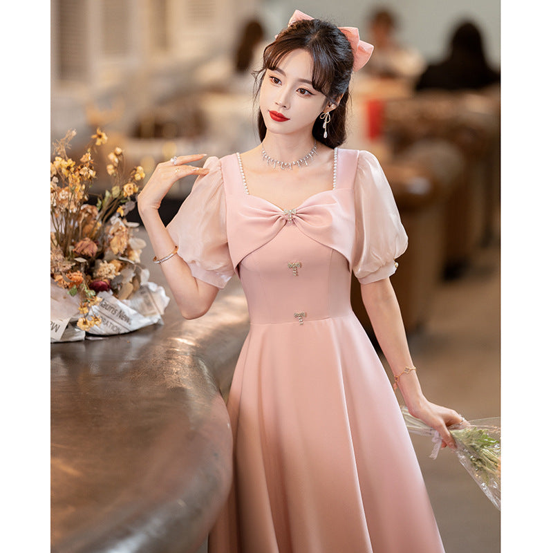 Pink Evening Dress Women's Daily Style Small Dress Engagement Dress High-Grade Bridesmaid Dress Spring and Autumn H289