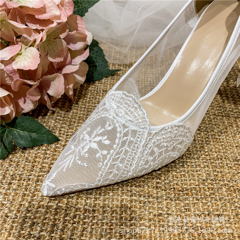 French Style Wedding Shoes Lace Bridesmaid Shoes White Pointed High Heels Women's Stiletto Heel Design Sense Niche Bridal Shoes H278