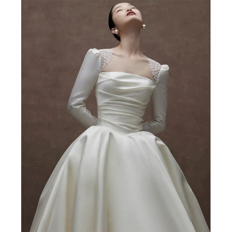 Satin Wedding Dress Bride 2022 New Main Yarn Retro Light Wedding Dress Advanced Wedding Veil Small Long Sleeve Winter dress LAS479