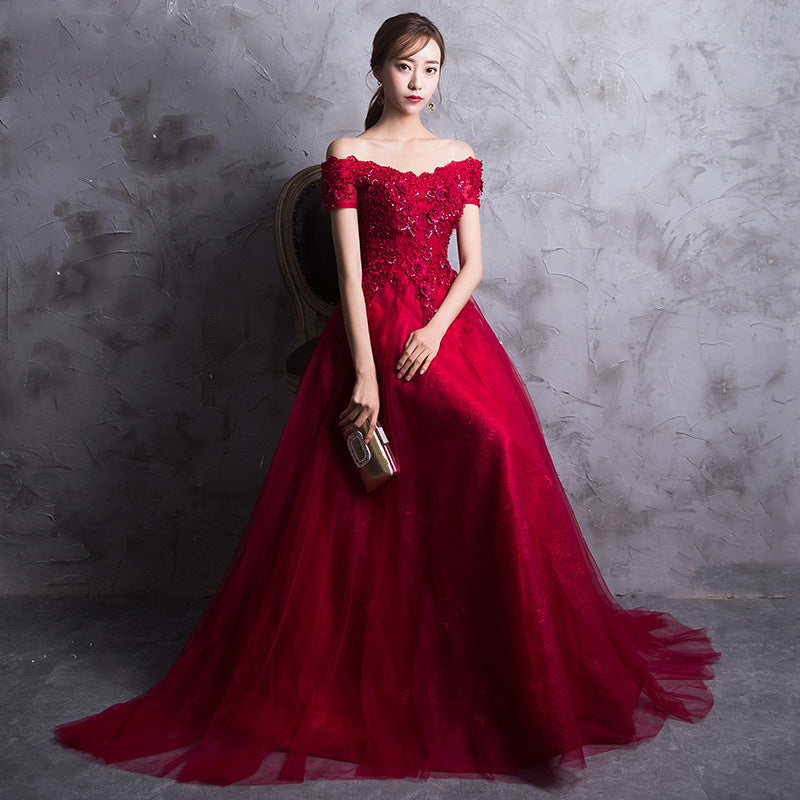 Toast Dress Wine Red 2022 New Summer Wedding Dress Banquet Bridal Evening Dress Elegant Engagement Long off-Shoulder dress muslimah