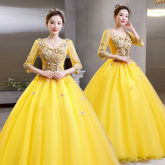 Lemon yellow dress long dress Colored Mesh 2022 New Student Vocal Host Performance Solo Art Exam Clothing Pettiskirt Long Evening Dress for Women