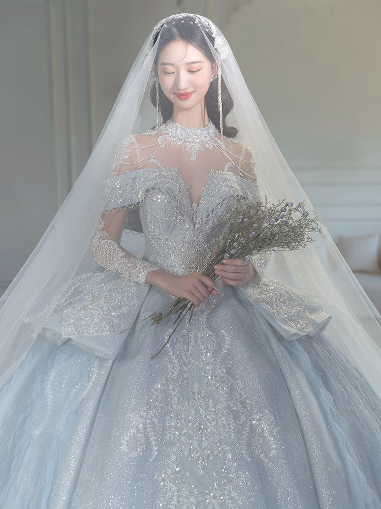 Bridal Long SKY BLUE Sleeve Palace Style Main Yarn Advanced Texture Wedding Veil Bride dress Princess dresses H233