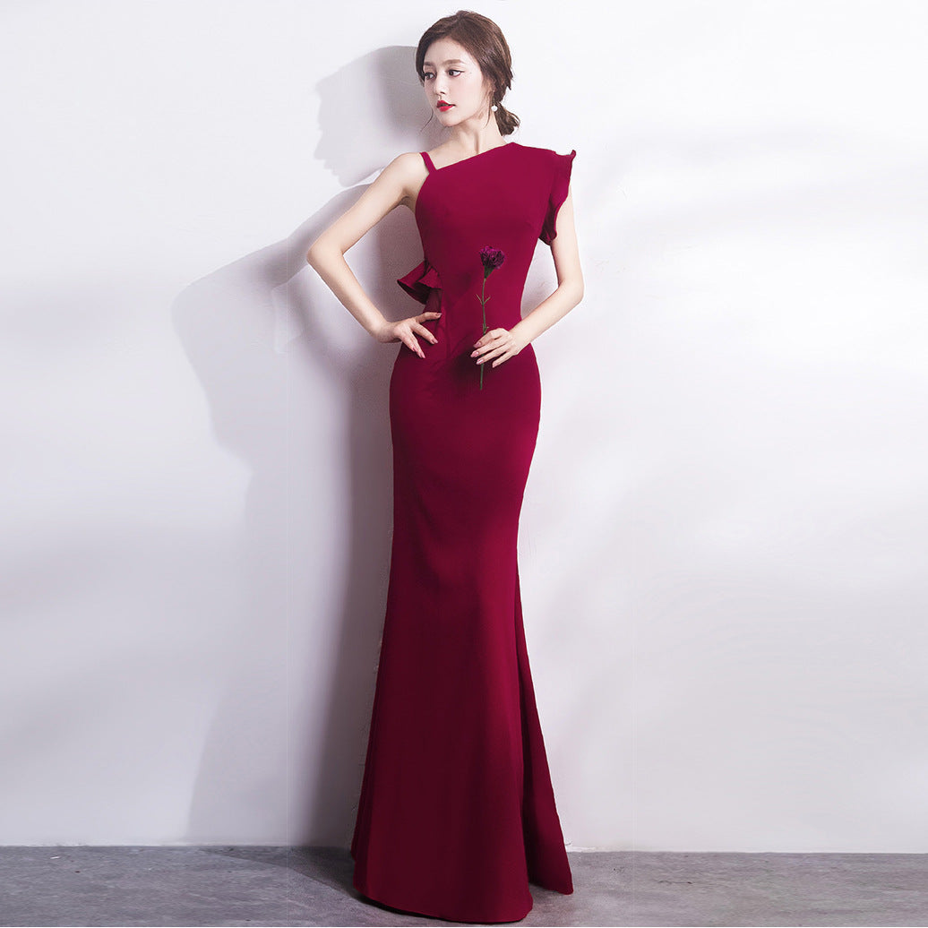 wine red dress Bridal Toast Dress Winter Wedding Banquet Party Long Wine Red Engagement Fishtail Evening Dress for Women