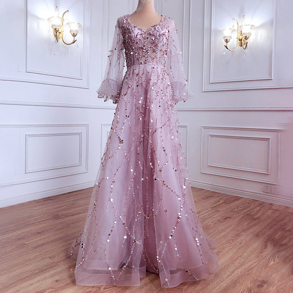 Gold Dress gown ball dresses party Beaded Ball Party Evening Dress Dress Sequined Lace Breathable and Transparent Birthday Party Long Sleeve Aura Queen Dress H2839