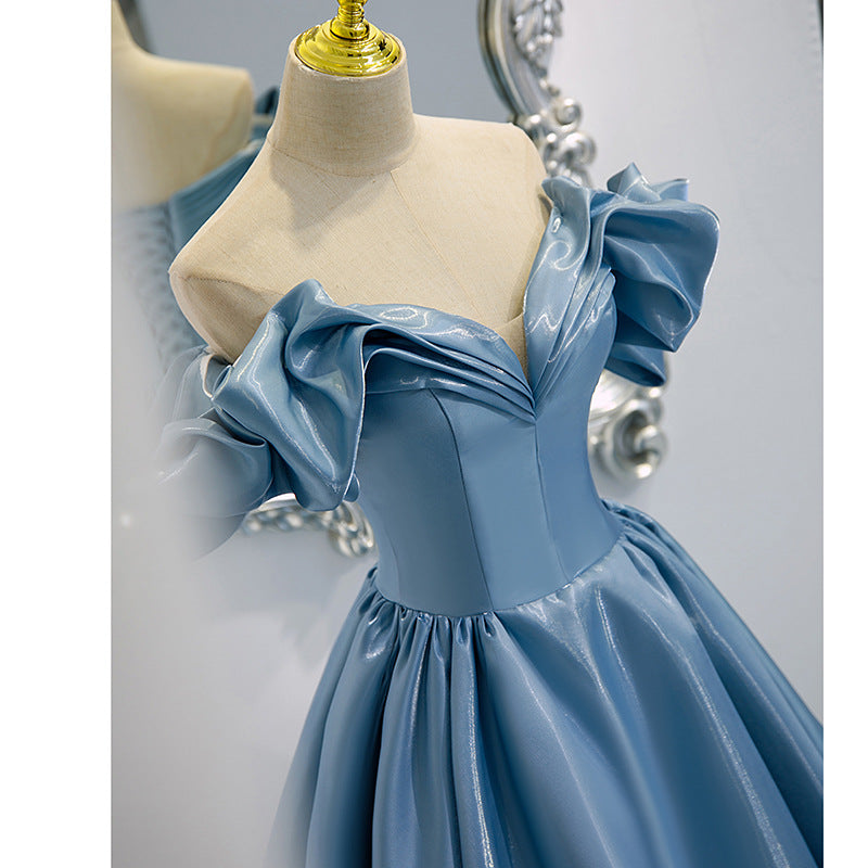 Evening Dress Sky Blue New Blue Color Satin Long French off-Shoulder Host Temperament Costume H293