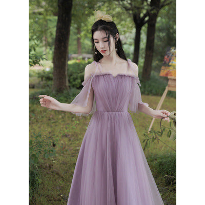 Purple Dress Bridesmaid Dress 2022 New off-Shoulder Bridesmaid Group Sisters' Clothes Graduation Chorus Daily Performance Slimming Dress H756