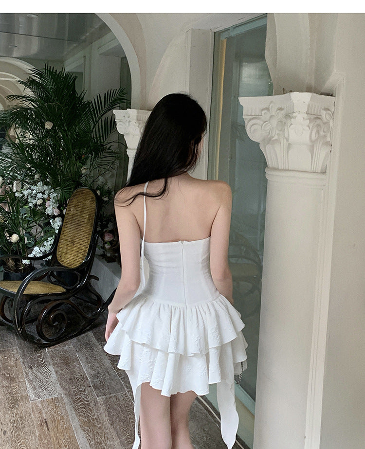 Party Skirt White cotton Camellia Halterneck with Suspenders Dress Fashionable Slim Waist Double-Layer Ruffled Rose Skirt H2831