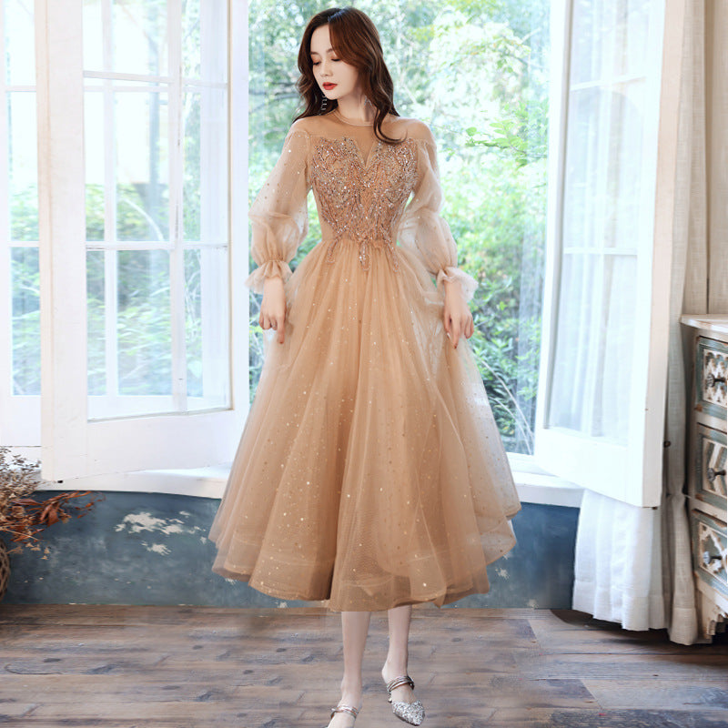 Champagne Dress gala party gown Evening Dresses Birthday Banquet Temperament golden H923