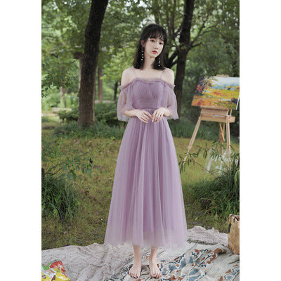 Purple Dress Bridesmaid Dress 2022 New off-Shoulder Bridesmaid Group Sisters' Clothes Graduation Chorus Daily Performance Slimming Dress H756