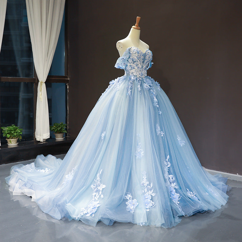 Sky blue wedding dress flower long dress off shoulder Trip Shoot Colored Mesh 2022 Summer New Bridal Solo Pettiskirt off-Shoulder Trailing Wedding Dinner Princess Dress