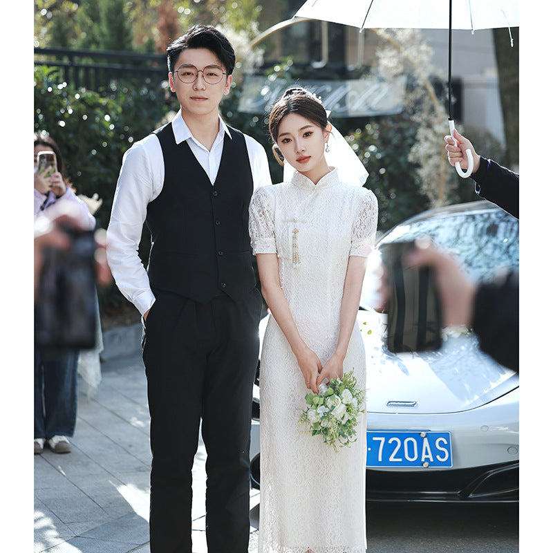 Wedding Dress Lace Short Sleeve Chinese Cheongsam Long Turtleneck Slim White Dresses