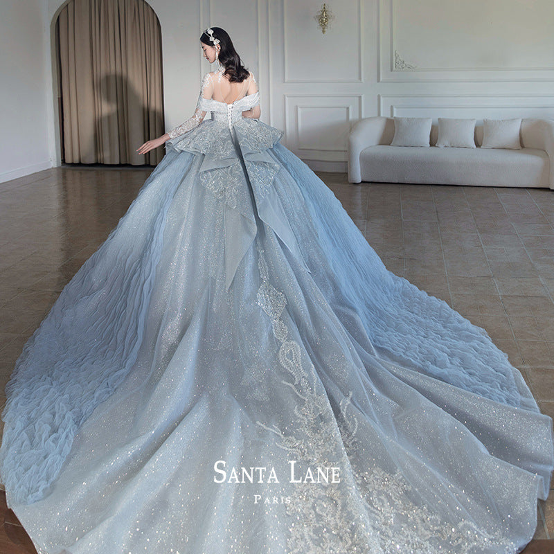 Bridal Long SKY BLUE Sleeve Palace Style Main Yarn Advanced Texture Wedding Veil Bride dress Princess dresses H233