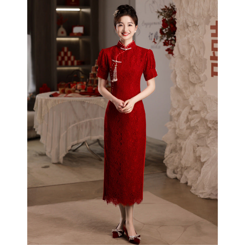 Wedding Dress Lace Short Sleeve Chinese Cheongsam Long Turtleneck Slim White Dresses