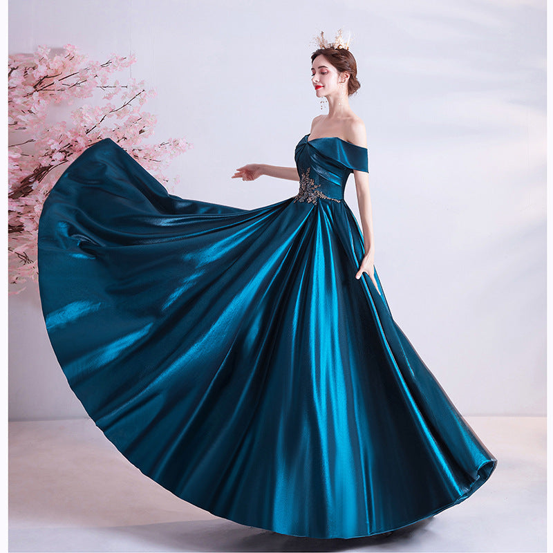 Dinner dress navy peacock blue satin off shoulder evening dress banquet dresses H282