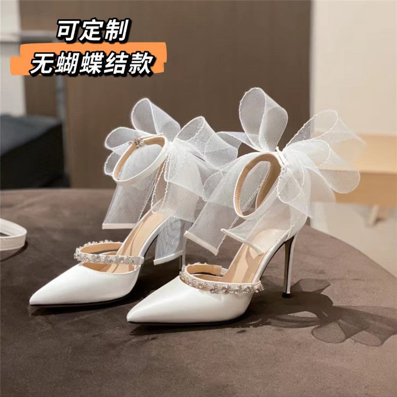 Rhinestone Bow High Heel Sandals 2022 Summer White Wedding Shoes Pointed Ladies Stiletto Heel Buckle Shoes Black