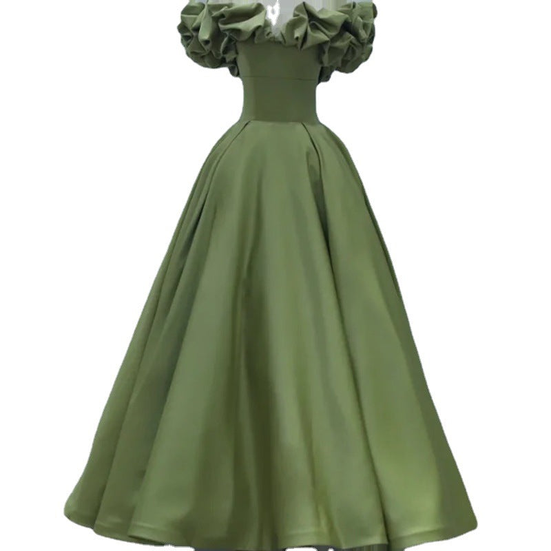 French Evening Dress New Green Princess on the Run Elegant off-the-Shoulder Gown L0320