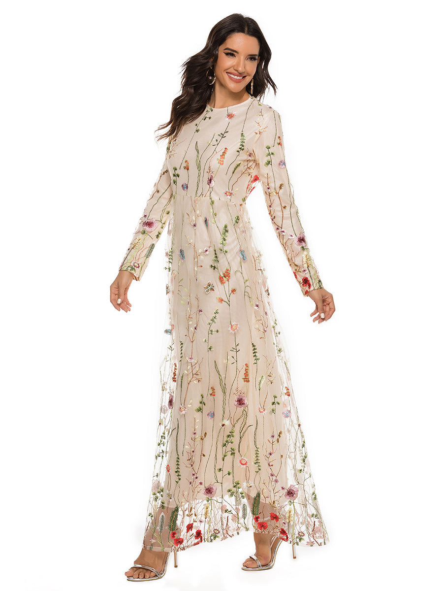 Floral dress long sleeve dinner gown party rope flower dresses gala Embroidered Dress European and American Dubai Sweet Flowers Lace Long Dress 21002