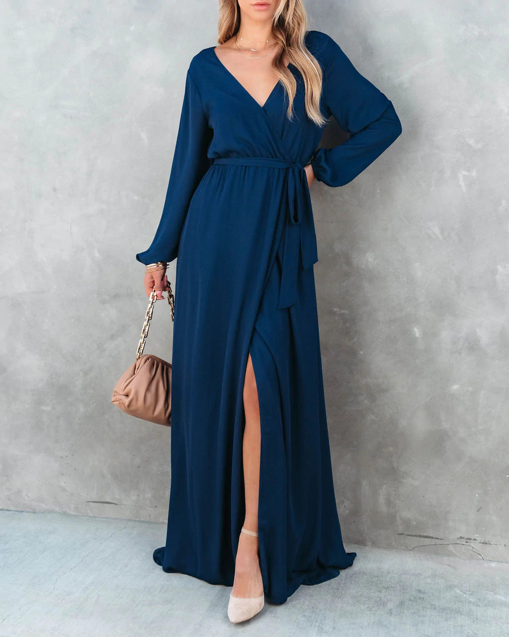 Long Dress Green Blue Long Sleeve European and American AliExpress Wish New Women's V-neck Long Sleeve Big Hem Long Dress H279