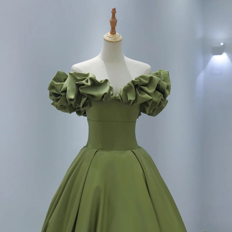 French Evening Dress New Green Princess on the Run Elegant off-the-Shoulder Gown L0320