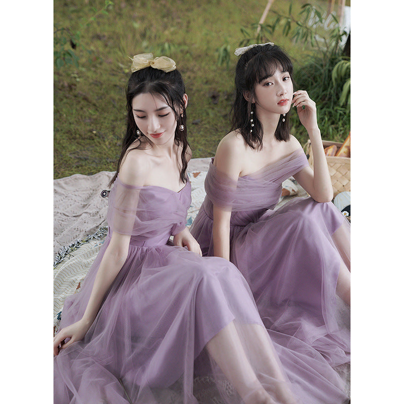 Purple Dress Bridesmaid Dress 2022 New off-Shoulder Bridesmaid Group Sisters' Clothes Graduation Chorus Daily Performance Slimming Dress H756