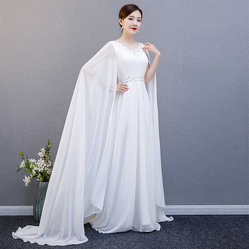 Dinner Dress Classical Chinese Style Fairy White Chiffon Performance Dress Long Performance Wear