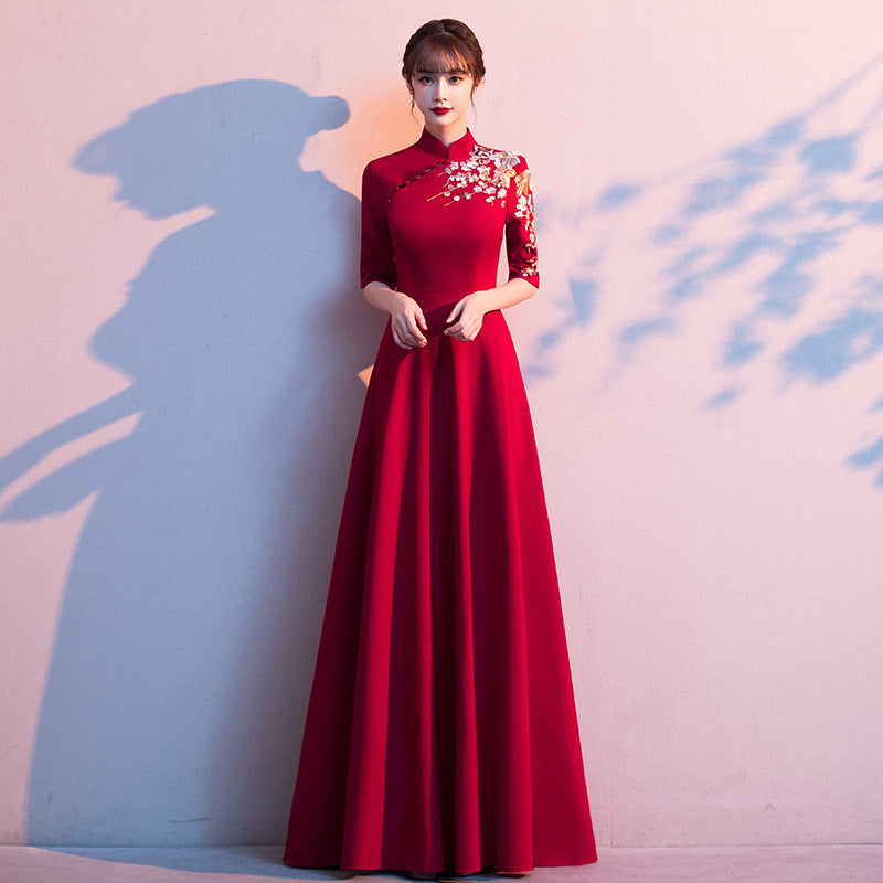 Cheongsam Embroidered Long Dress Red Gown Stand Collar Long Sleeve Dress Maxi Dress H283