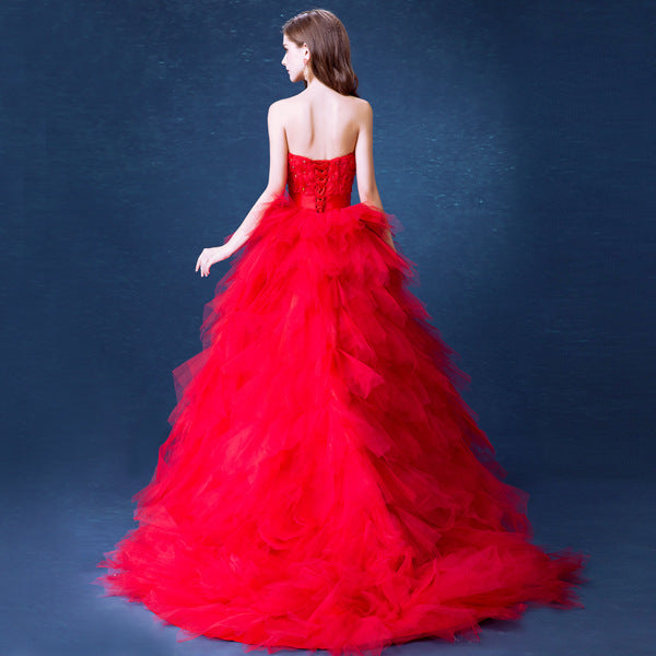 Red Dress Short Front and Long Back Bridal Light Wedding Dress Banquet Skirt Wedding H892