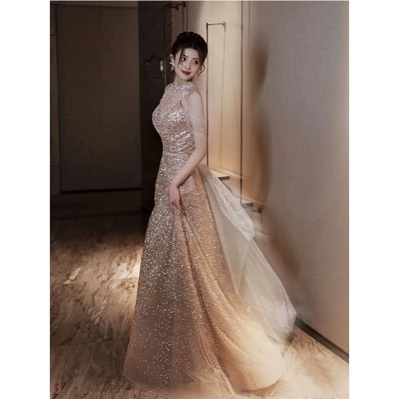 Evening Dress Golden party ball gown Birthday Banquet maxi dresses gala H765