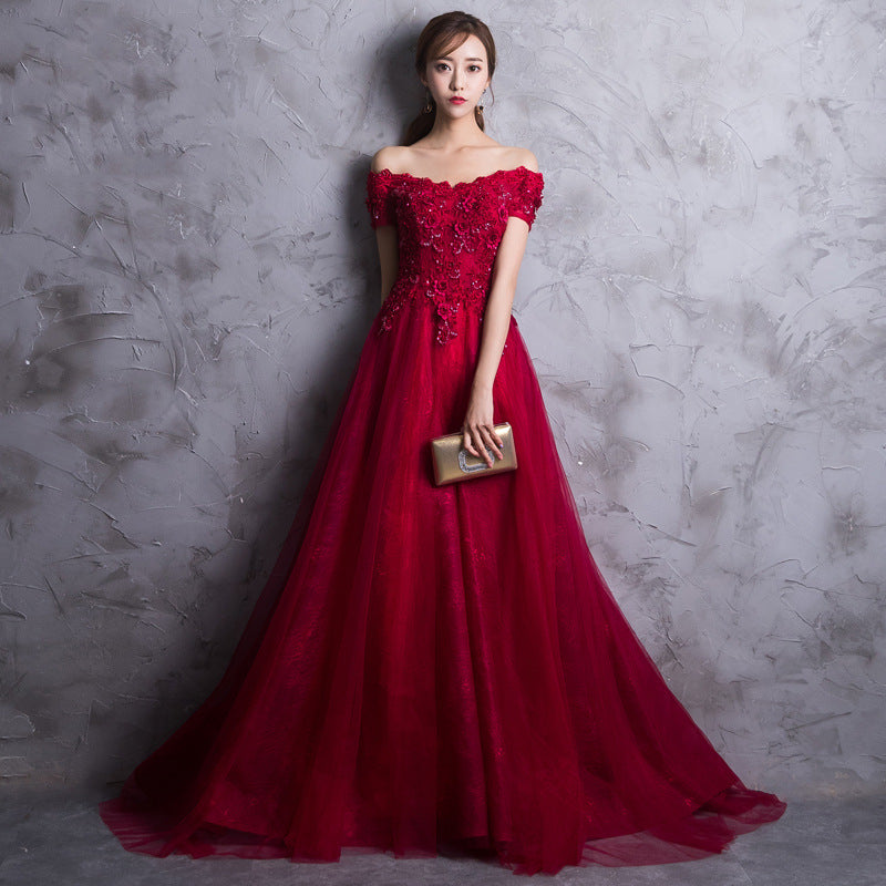 Toast Dress Wine Red 2022 New Summer Wedding Dress Banquet Bridal Evening Dress Elegant Engagement Long off-Shoulder dress muslimah