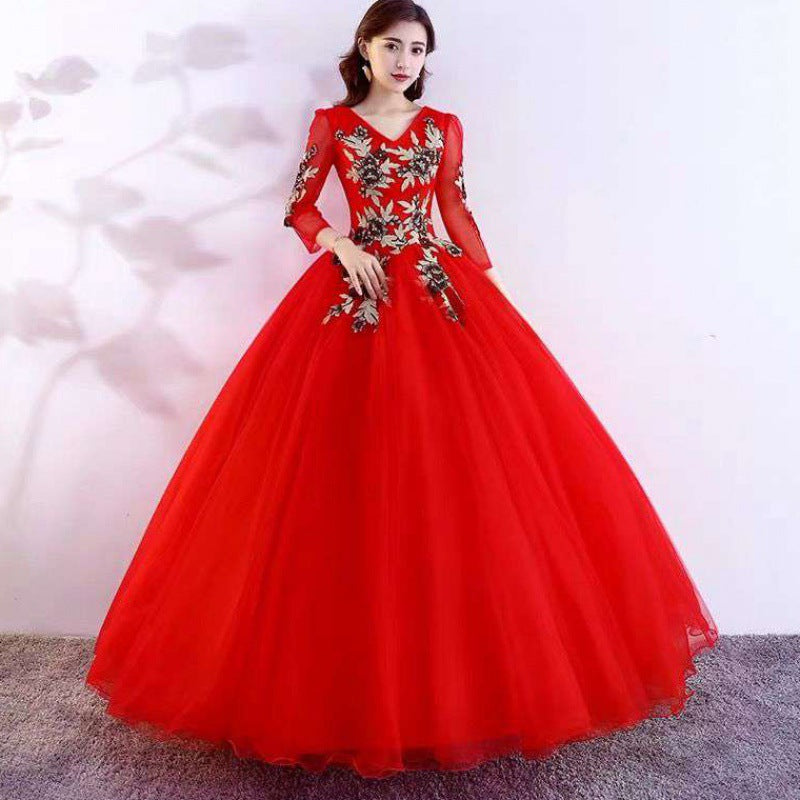 Red dress wedding dress bridal veil dinner dress muslimah 2022 New Folk Song Bel Canto Solo Costume Female Vocal Music Art Test Dress Host Chorus Long Pettiskirt