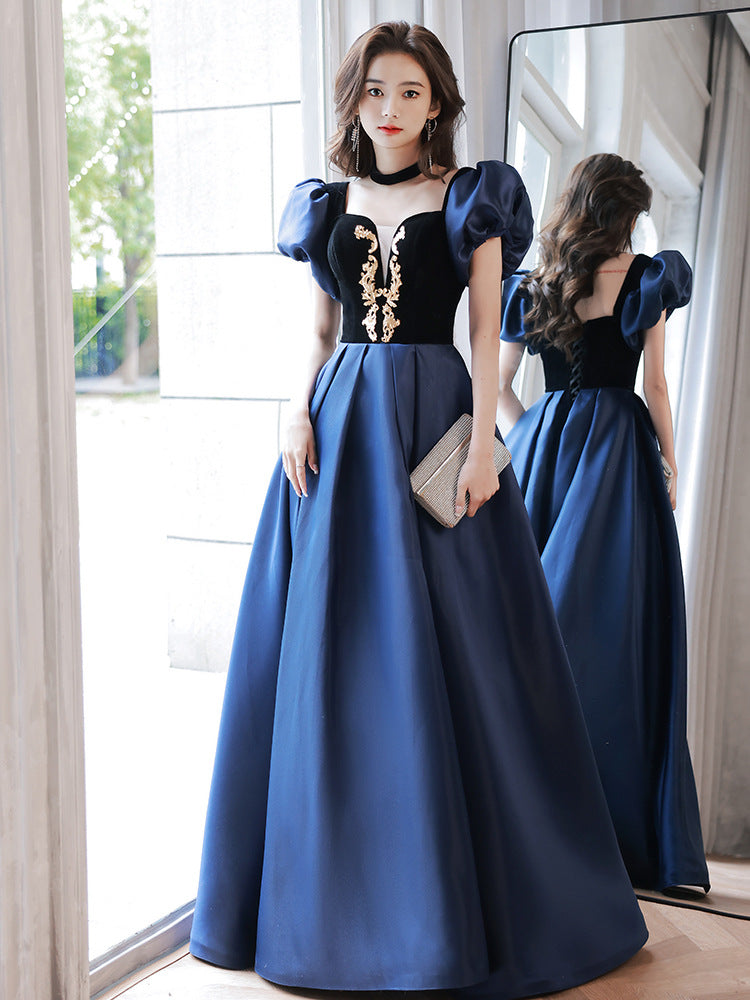 Blue Evening Dress for Women 2022 New Style Host Design French Solo Vocal Music Art Test Costume