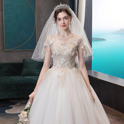 French Wedding Dress OFF SHOULDER  Temperament Bride Starry Sky V-neck off-Shoulder Small H992