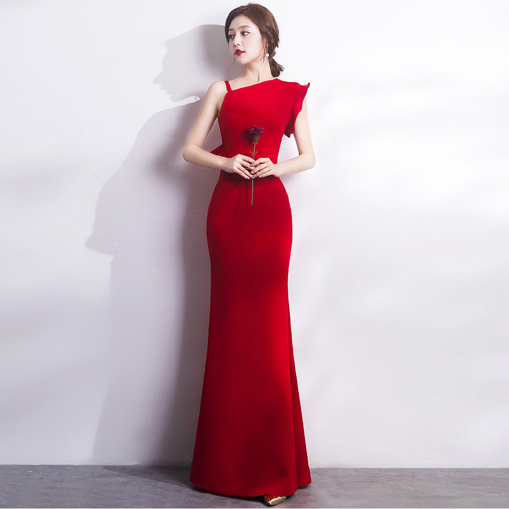 wine red dress Bridal Toast Dress Winter Wedding Banquet Party Long Wine Red Engagement Fishtail Evening Dress for Women