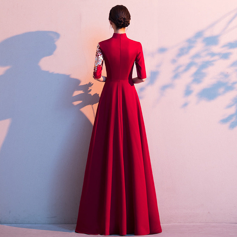 Cheongsam Embroidered Long Dress Red Gown Stand Collar Long Sleeve Dress Maxi Dress H283