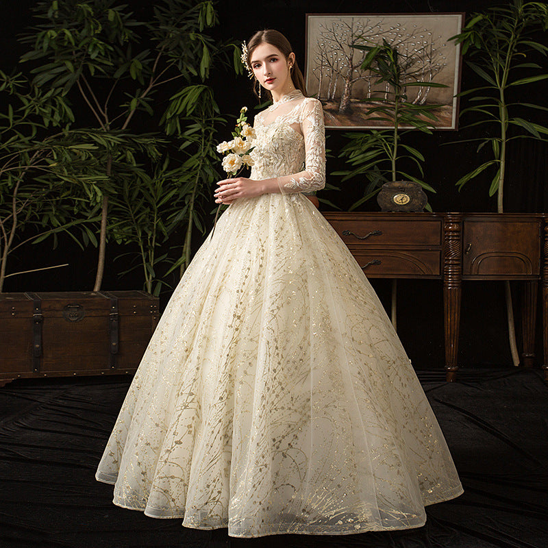 New Wedding Dress Starry Sky French Style Retro Long Sleeve Stand Collar Hepburn Bridal plus Size Tulle Tutu Wedding Dress Evening Dress