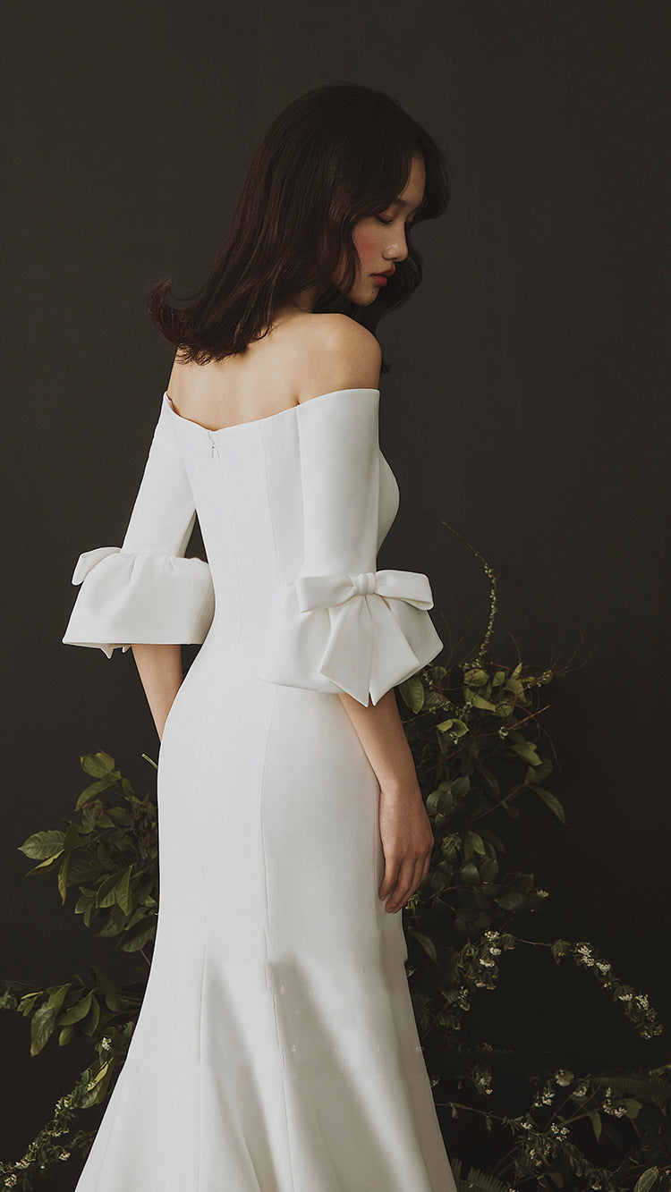 off-Shoulder Wedding Dress 2022 New Simple and Elegant Temperament Small Trailing French Satin Fishtail Mori Style Travel Shooting Wedding Dress