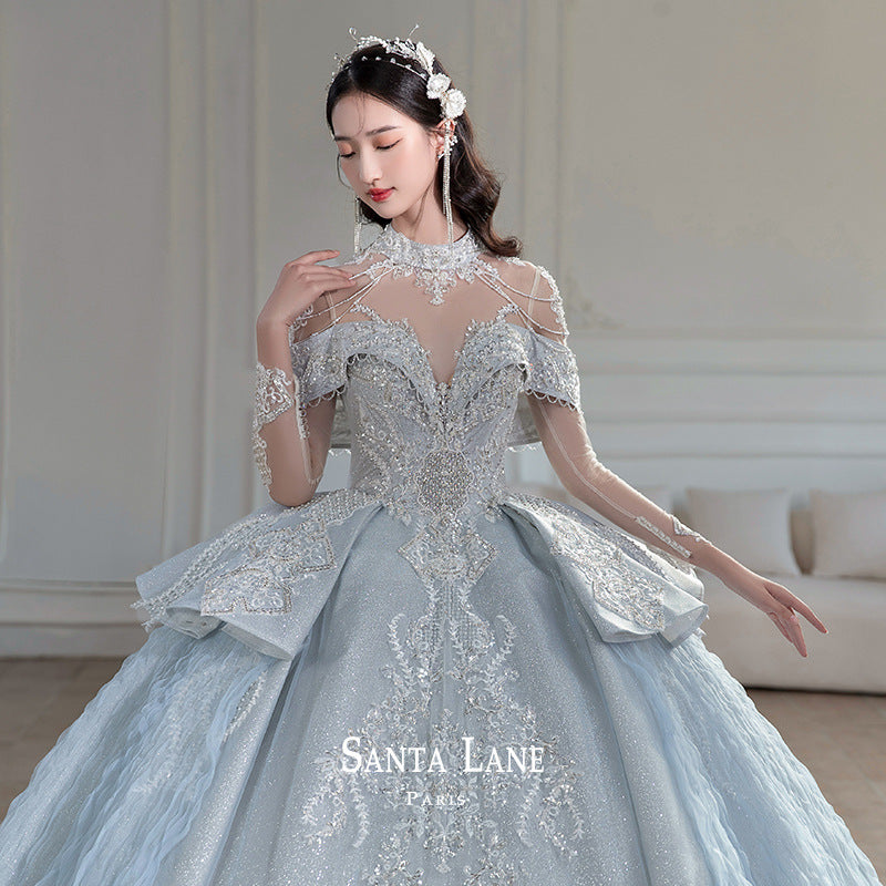 Bridal Long SKY BLUE Sleeve Palace Style Main Yarn Advanced Texture Wedding Veil Bride dress Princess dresses H233