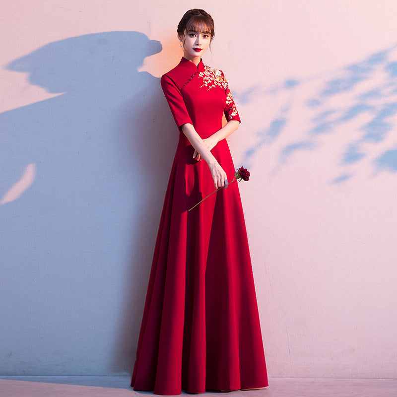 Cheongsam Embroidered Long Dress Red Gown Stand Collar Long Sleeve Dress Maxi Dress H283