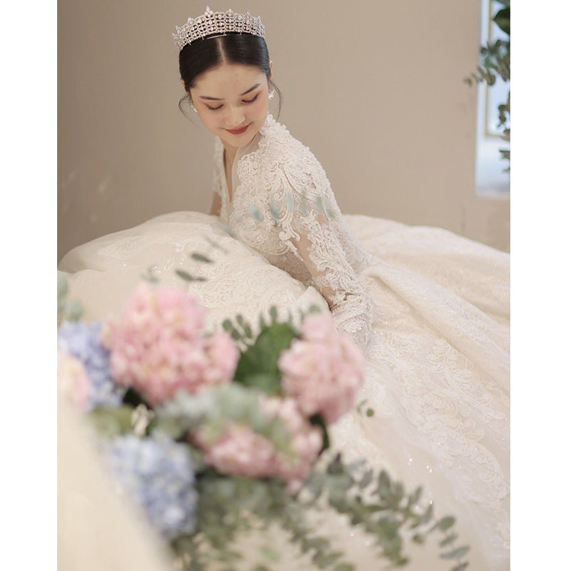 Bridal Wedding Dress2022NewvCollar Long Sleeve Trailing Court Style High-End Large Size Pregnant Women Light Yarn SmallD87