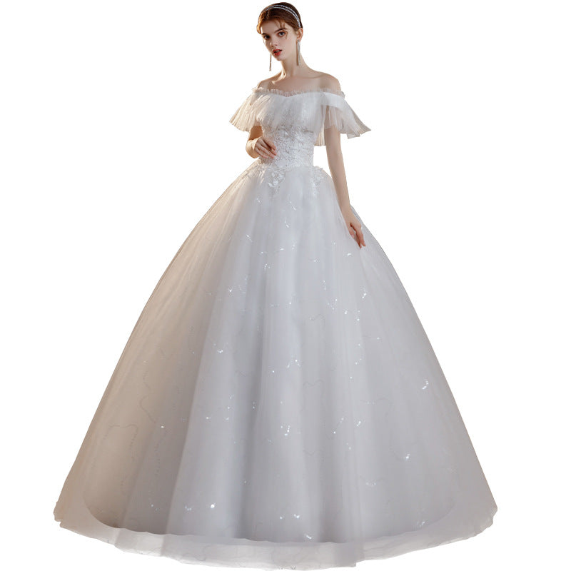 Wedding Dress off Shoulder Dress Lace Dress Princess Dress New off-Shoulder French Style Mori Dream Fairy Temperamental Bride Slim Fit Floor-Length Simple Female H266