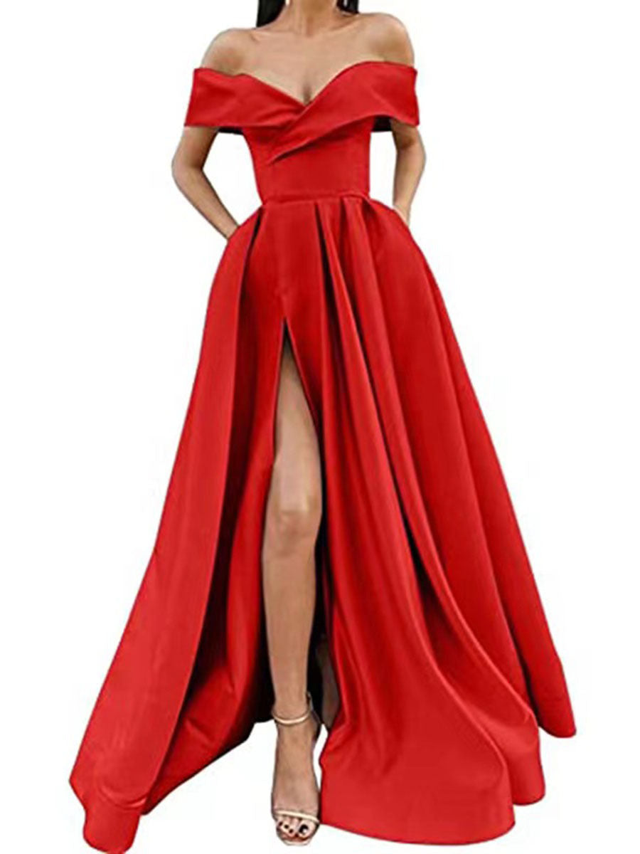 Party Dress satin black red off shoulder dinner dresses gala gown Women's European and American Style 2023 Cross-Border New Arrival Sexy Deep V Solid Color High-End Satin Banquet Evening Dress