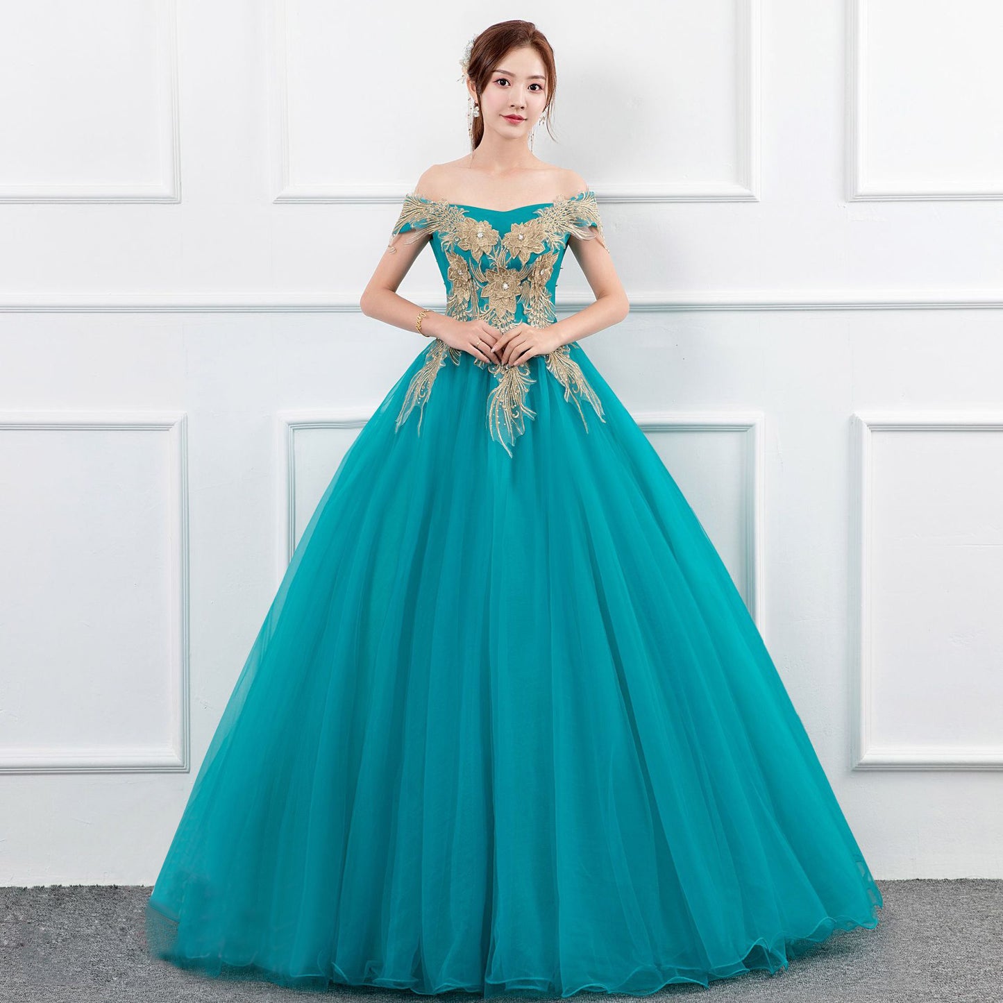 green dress blue dress lace wedding dress Solo Performance Costume Pettiskirt Long Host Art Exam Meisheng Annual Meeting off-Shoulder Evening Dress Slim Studio Theme